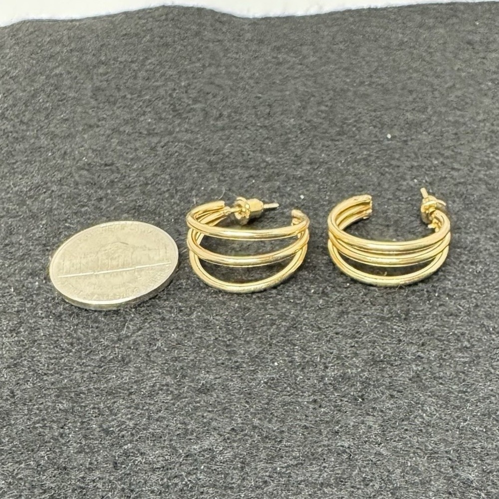 Gold Tone Triple Row Hoop Earrings Layered Open Design Post Back New